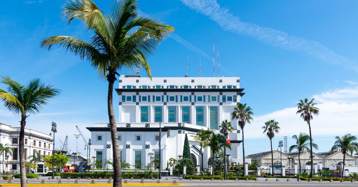A sunny view of a government building with palm trees in Veracruz, Mexico.
