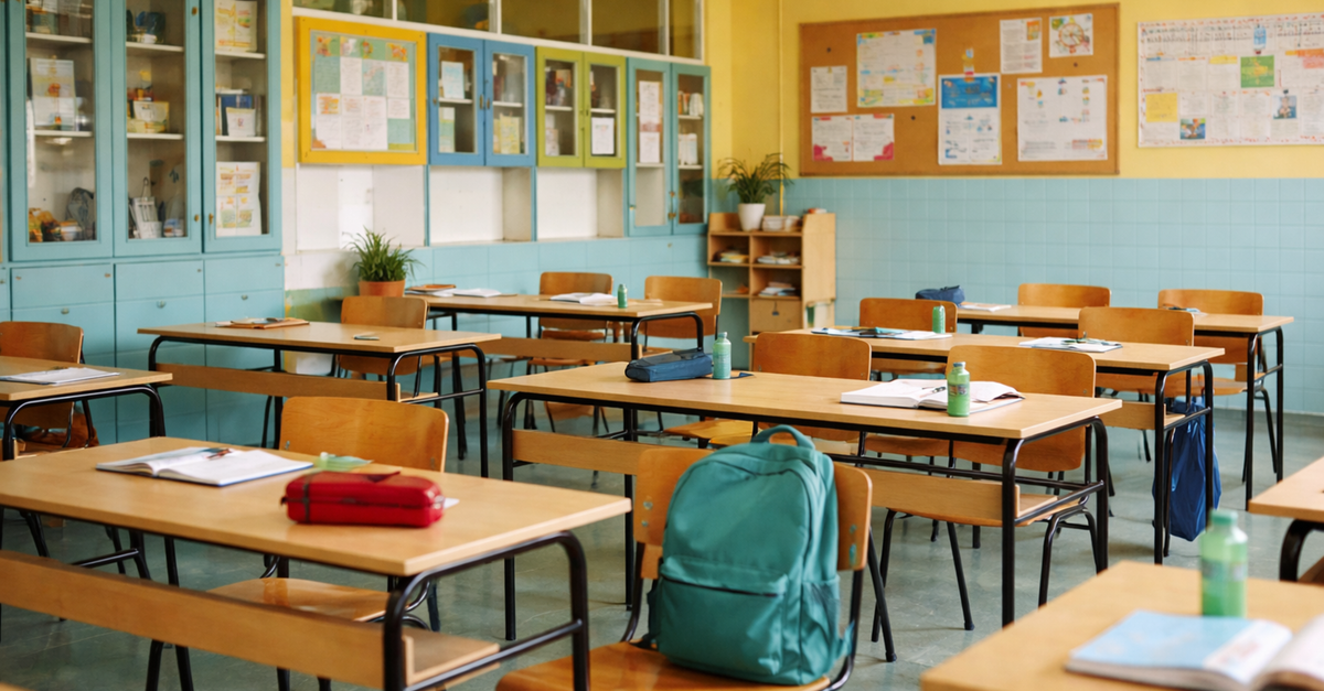 An empty classroom with wooden desks, chairs, and backpacks. Bright, welcoming atmosphere.