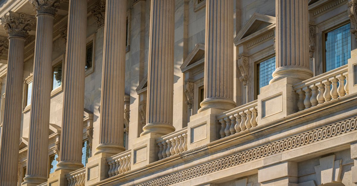 Close-up of columns and exterior architectural details of a historic landmark building.