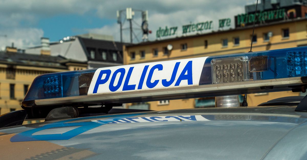 Close-up of Polish police car light bar with buildings in the background.