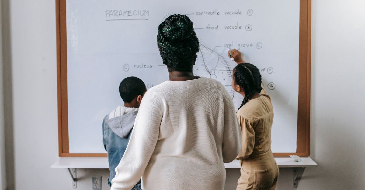 Back view of anonymous African American woman watching on pupils writing on whiteboard in classroom