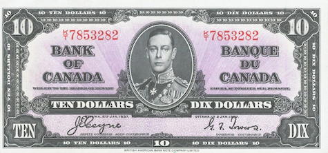 A 1937 Bank of Canada ten-dollar banknote